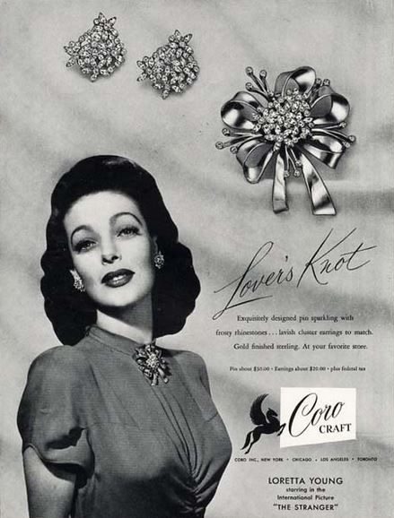 How to wear a vintage brooch. Loretta Young in a Coro ad.